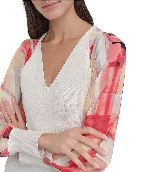 DKNY By Donna Karan Printed Mixed Media V-Neck Long Sleeve Knit Top Product Image