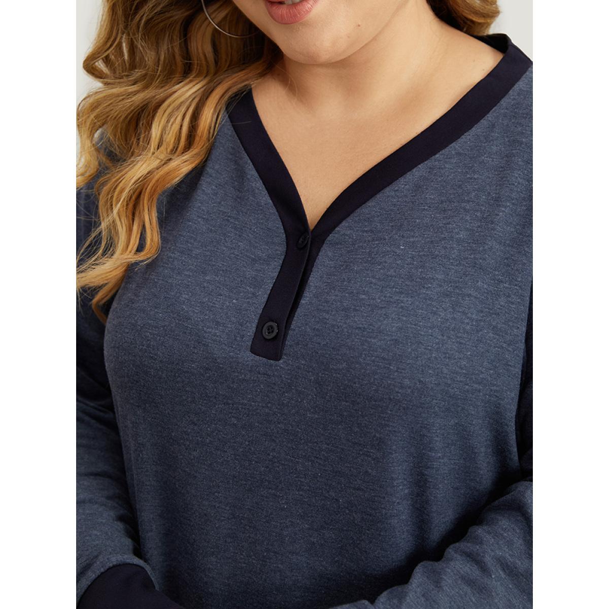 Plus Size V Neck Button Up Contrast Elastic Cuffs Pocket T-shirt Indigo Women Casual Elastic cuffs Plain V-neck Dailywear T-shirts BloomChic 28/5X Product Image