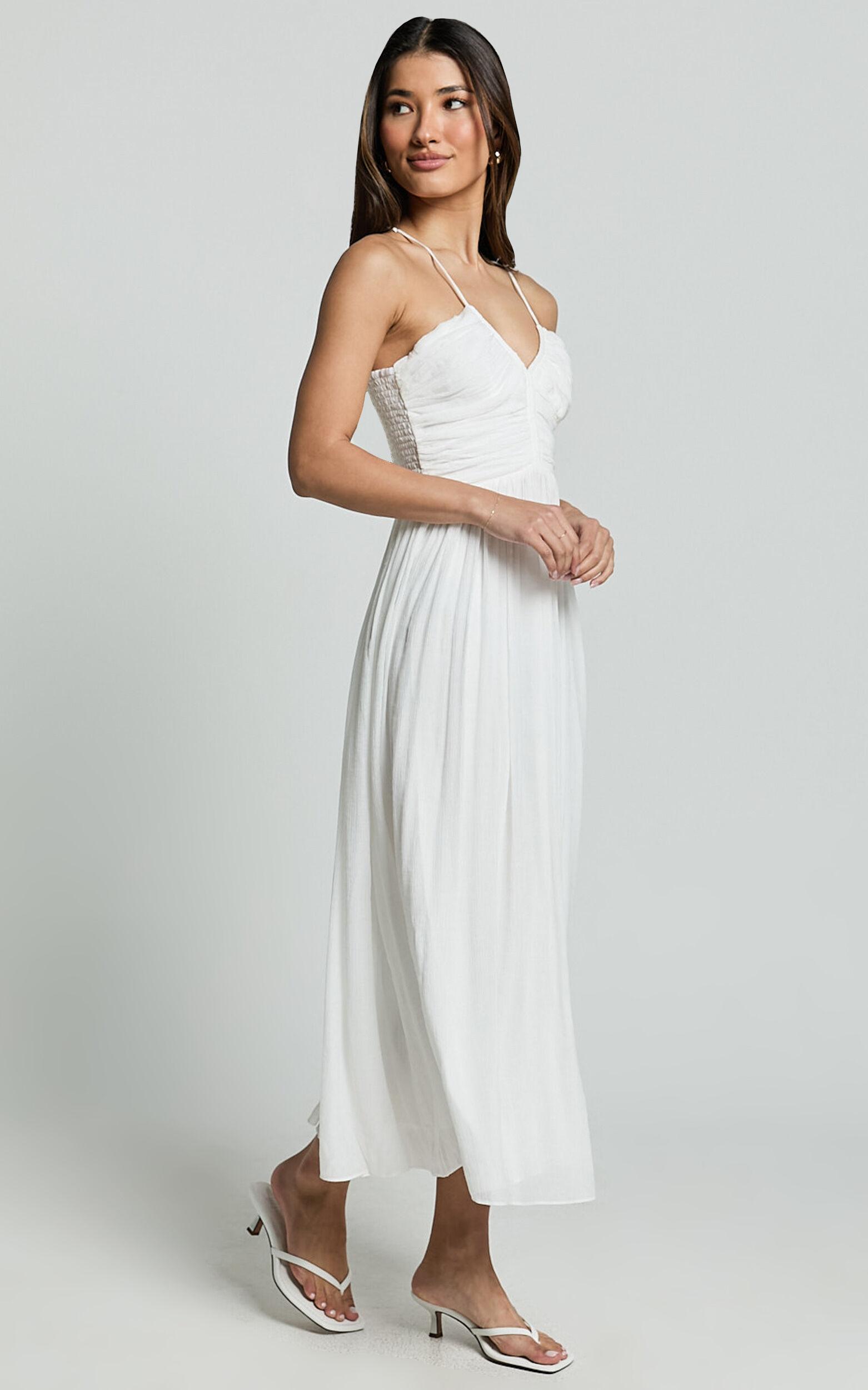 Roza Midi Dress - Ruched Bodice Dress in White Product Image