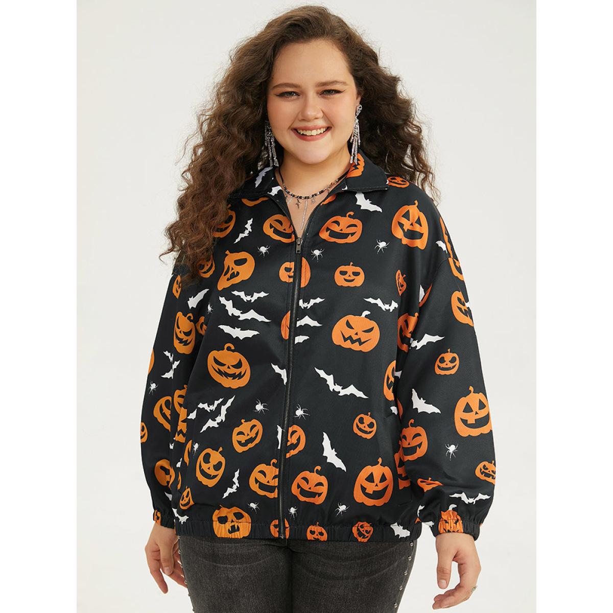 Plus Size Halloween Graphic Zipper Fly Pocket Coat Women Black Casual Elastic cuffs Ladies Dailywear Winter Coats BloomChic 14-16/1X Product Image