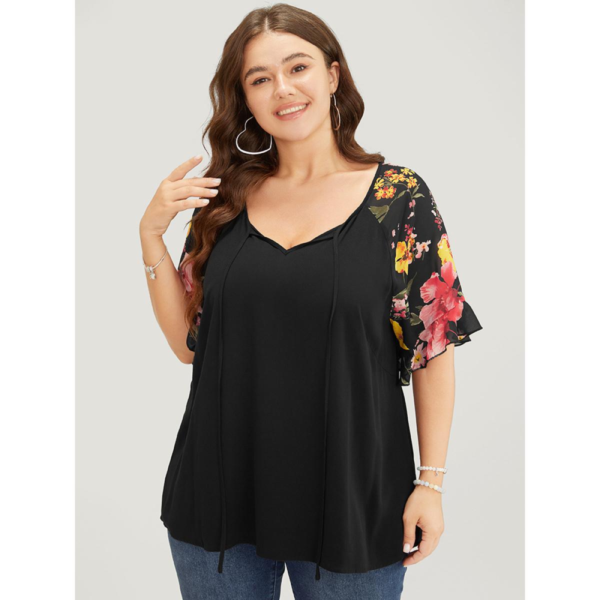 Plus Size Black Floral Raglan Sleeve Keyhole Tie Neck Blouse Women Elegant Short sleeve Tie Neck Dailywear Blouses BloomChic 26/4X Product Image