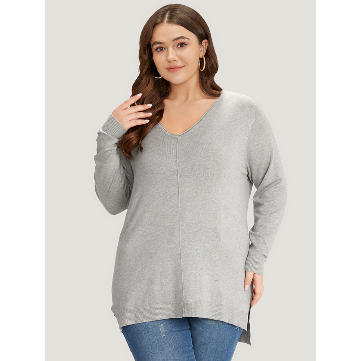 Plus Size Supersoft Essentials Plain Patchwork Split Side Pullover LightGray Women Casual Loose Long Sleeve V-neck Everyday Pullovers BloomChic 18-20/2X Product Image