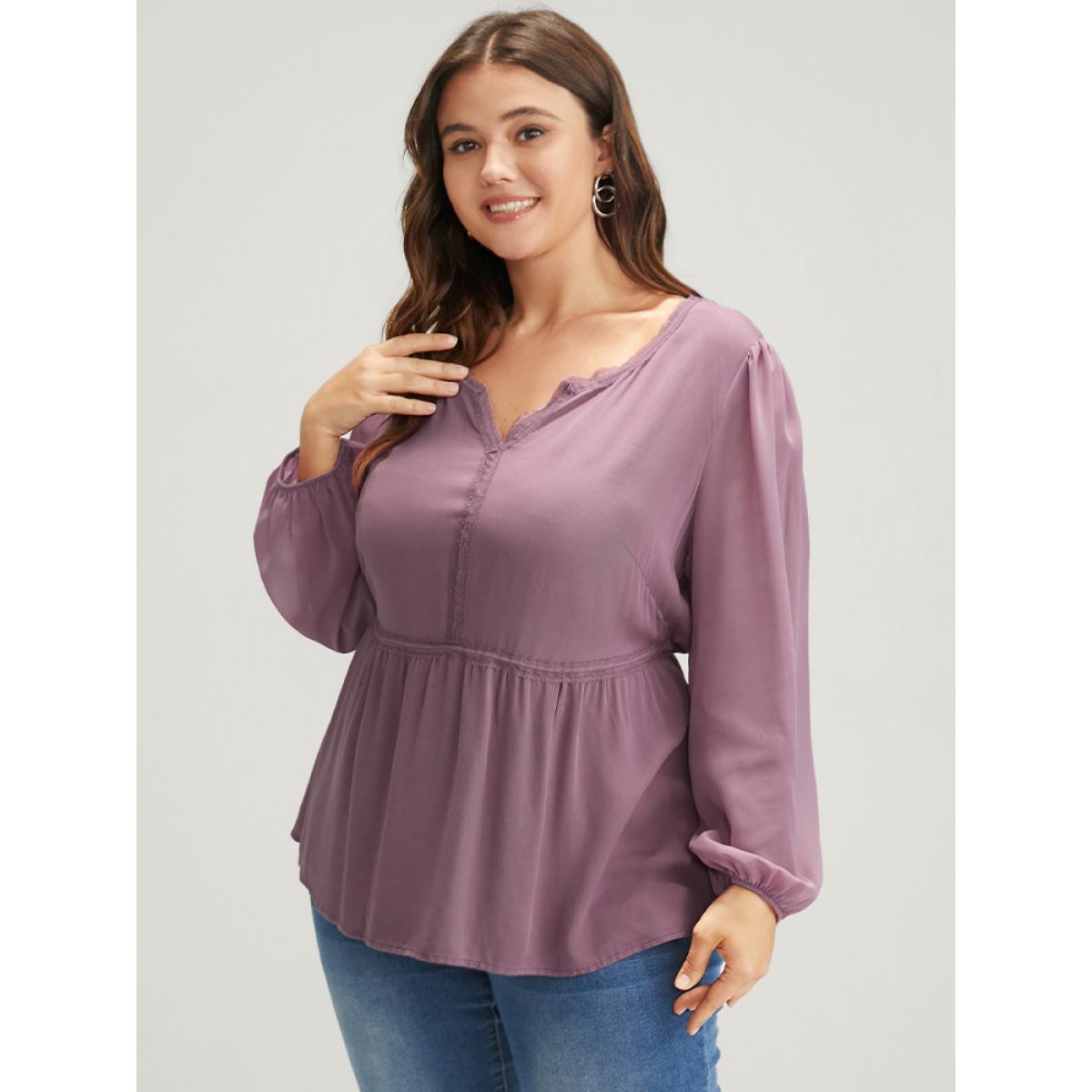 Plus Size DustyPink Solid Crochet Lace Lantern Sleeve Flutter Blouse Women Elegant Long Sleeve Notched collar Dailywear Blouses BloomChic 26/4X Product Image