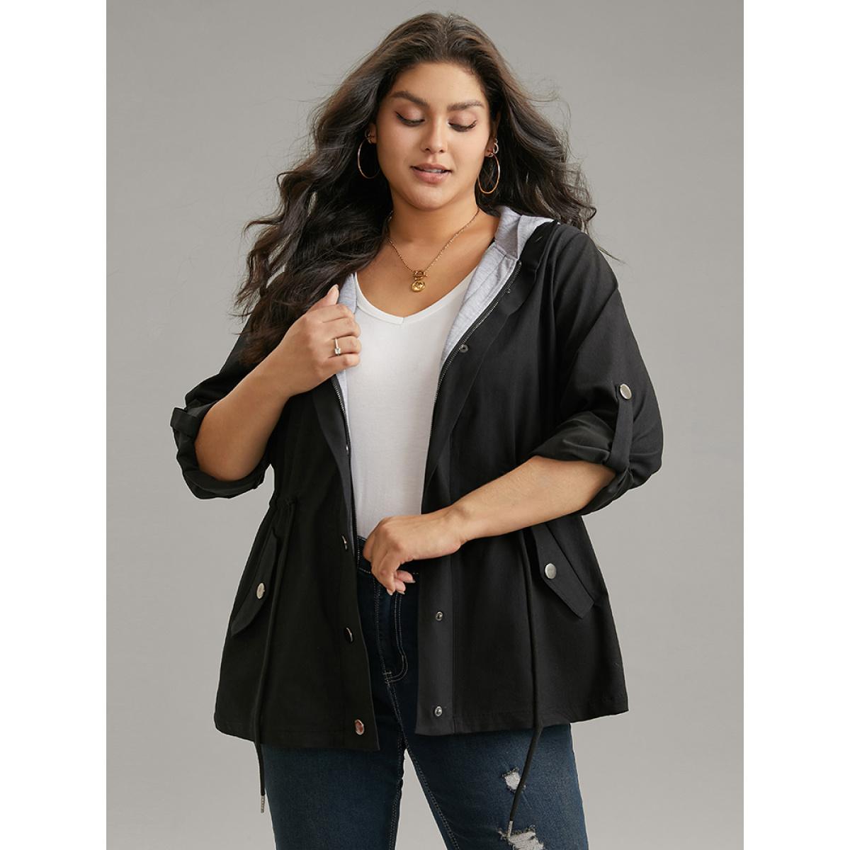 Plus Size Contrast Hooded Drawstring Zipper Button Up Jacket Women Black Contrast Pocket Dailywear Jackets BloomChic 28/5X Product Image