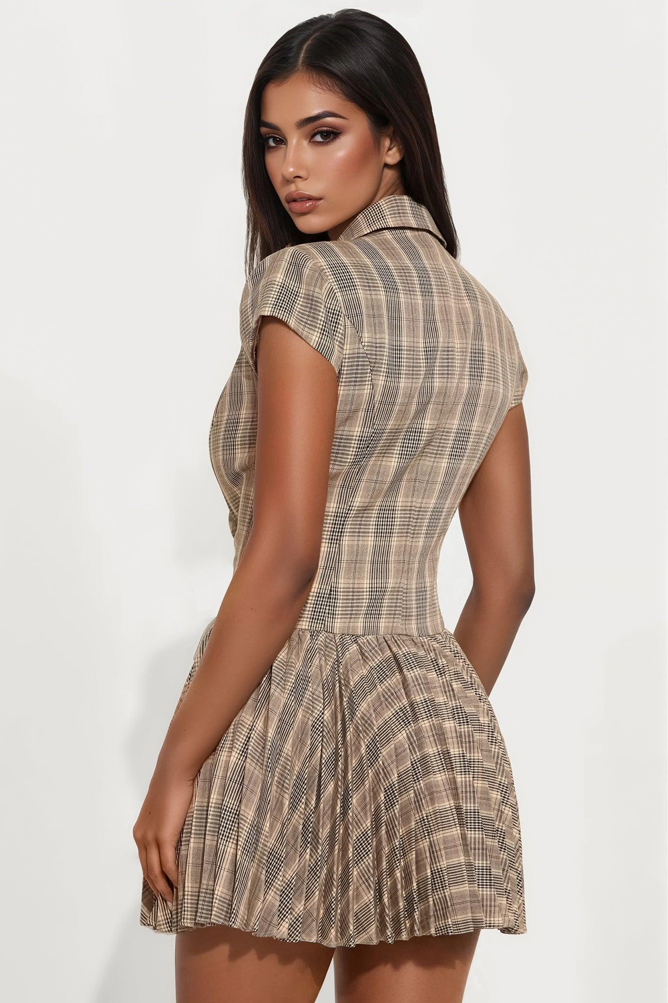 Eloise Short Sleeve Plaid Mini Dress - Brown Combo Female Product Image