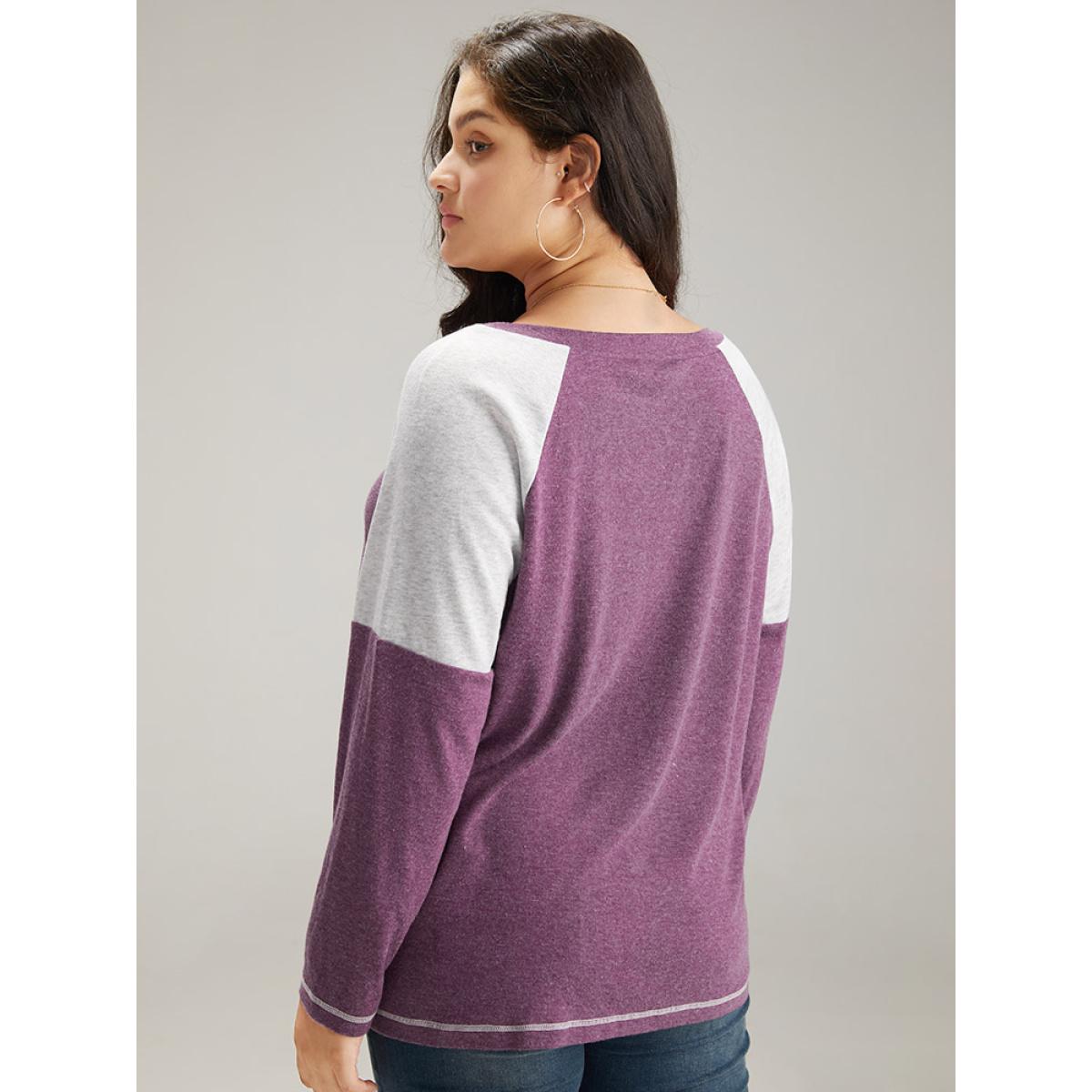 Plus Size Two Tone Lace Trim Stitch Raglan Sleeve T-shirt Mauve Women Casual Contrast Plain Round Neck Dailywear T-shirts BloomChic 12/L Product Image