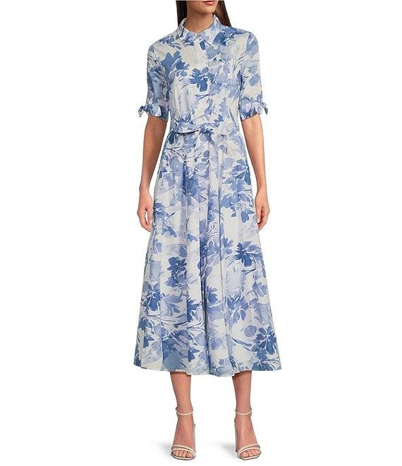 Calvin Klein Short Sleeve Point Collar Tie Waist Floral Printed Midi A-Line Dress Product Image