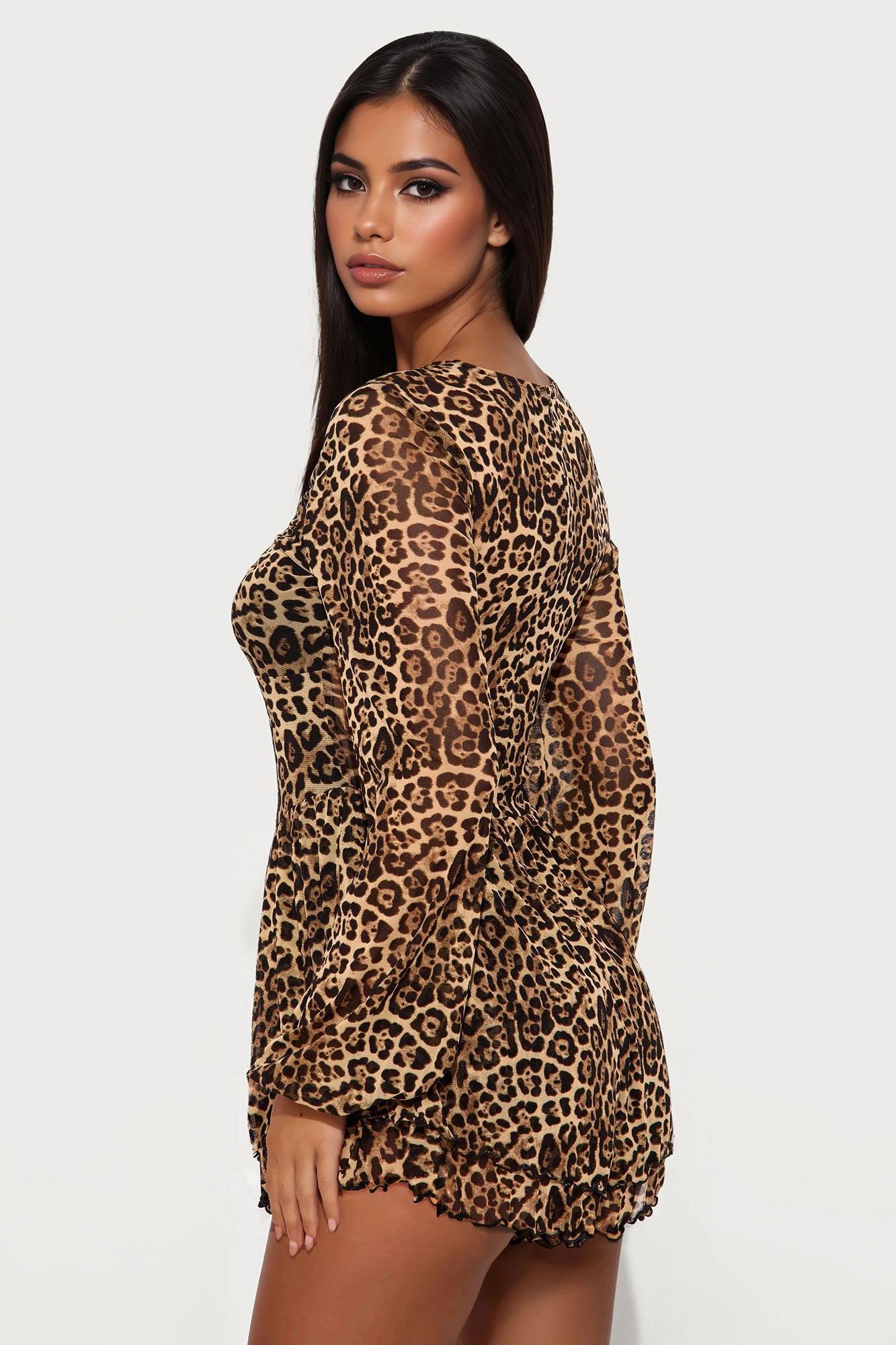 Wild Side Mesh Long Sleeve Romper - Leopard Female Product Image