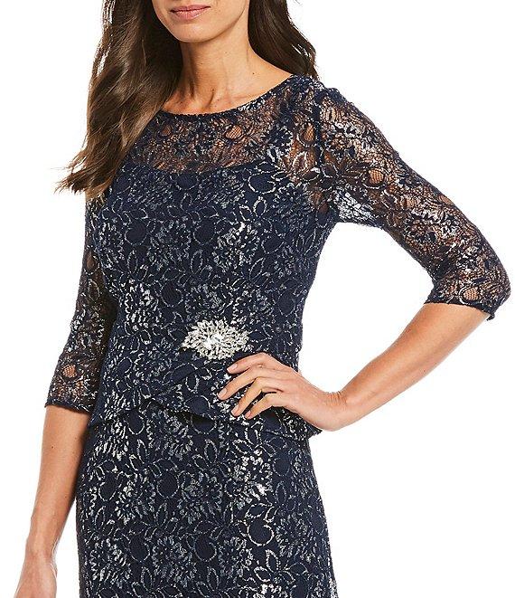 Le Bos Metallic Lace Peplum Round Neck 3/4 Sleeve Gown Product Image