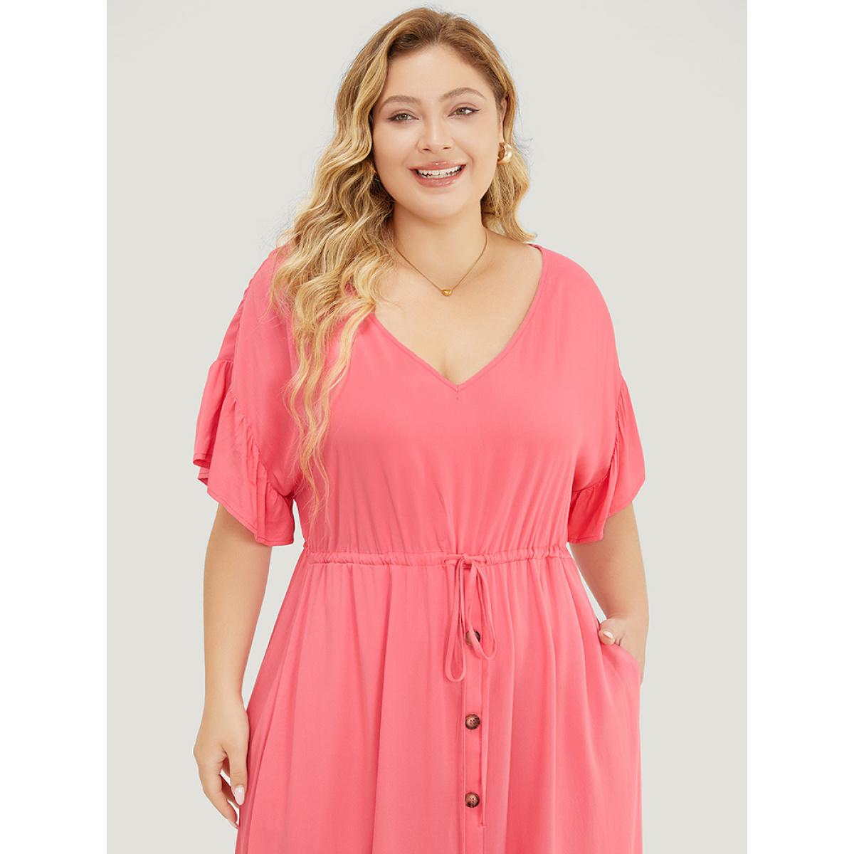 Plus Size Solid Flutter Sleeve Button Detail Pocket Drawstring Dress Watermelon Women Vacation Drawstring V-neck Short sleeve Curvy Midi Dress BloomChic 18-20/2X Product Image