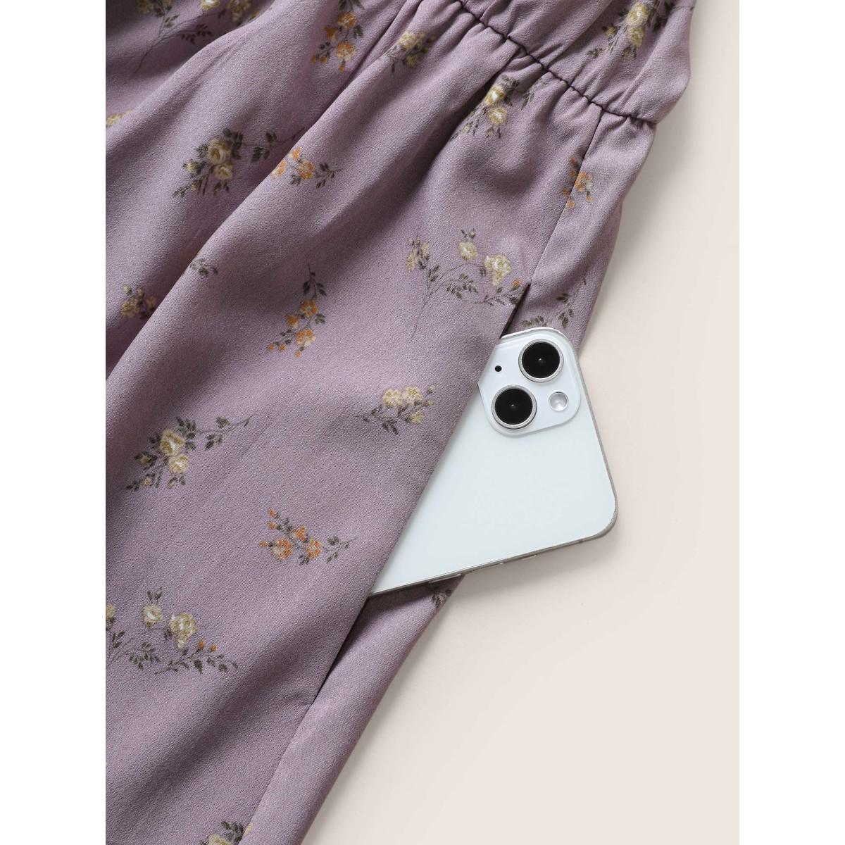 Plus Size Ditsy Floral Wrap Ruffle Cap Sleeve Split Hem Dress Mauve Women Elegant Non Overlap Collar Cap Sleeve Curvy Midi Dress BloomChic 28/5X Product Image