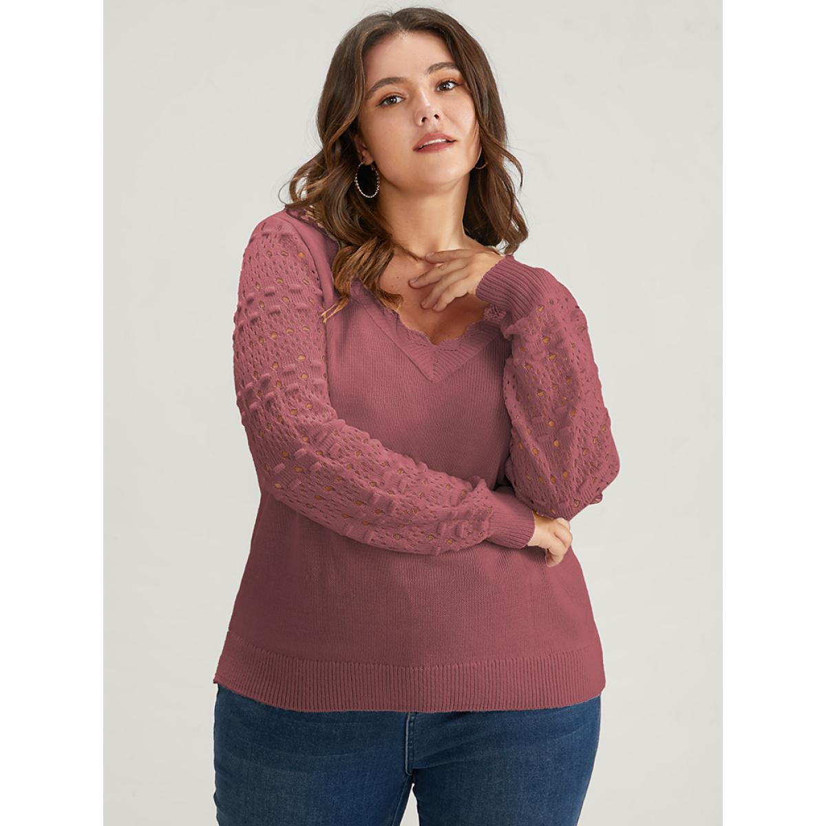 Plus Size Solid Pointelle Knit Scalloped Trim V Neck Crochet Knit Top Russet Women Elegant Long Sleeve V-neck Dailywear Pullovers BloomChic 18-20/2X Product Image