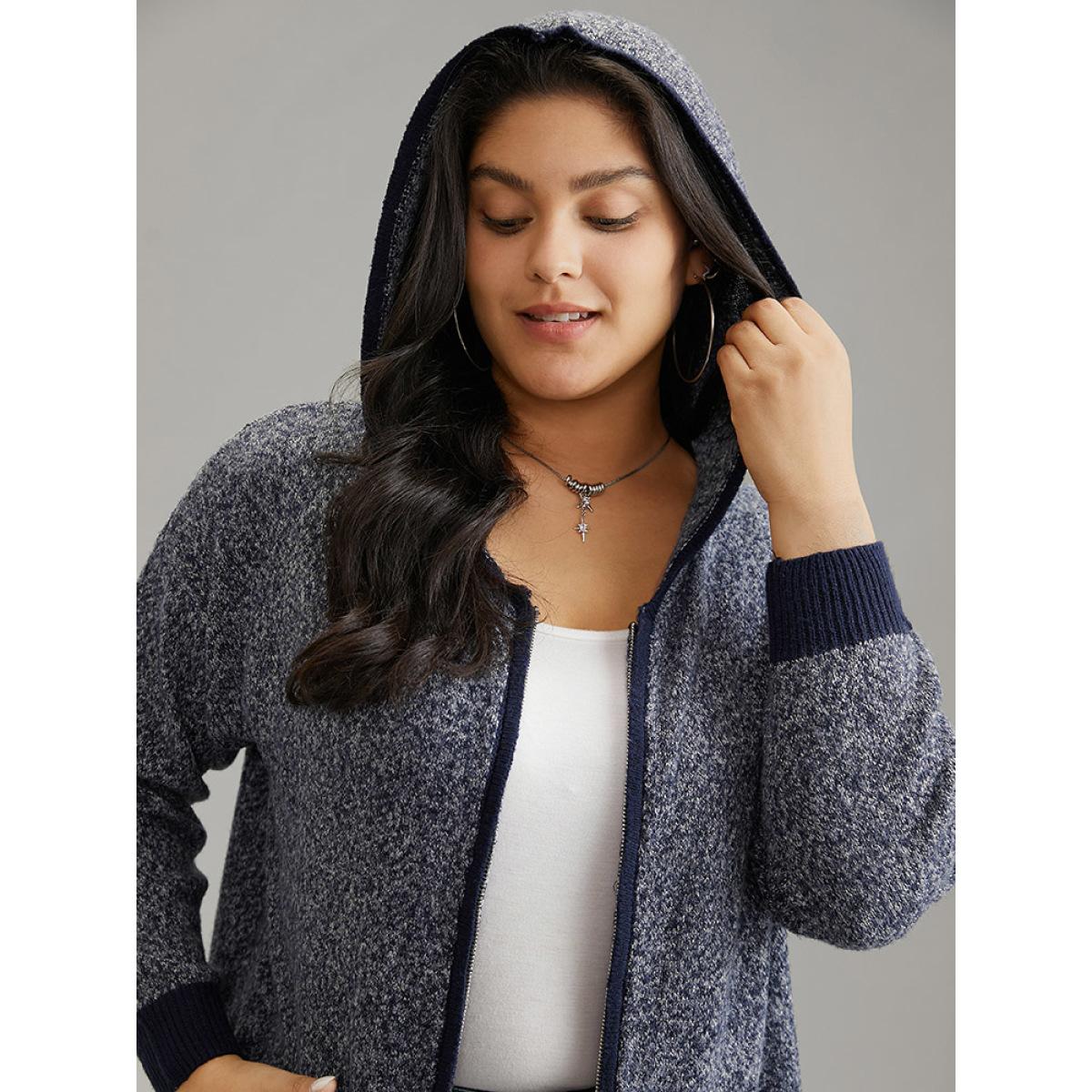 Plus Size Supersoft Essentials Contrast Trim Heather Pocket Zipper Cardigan Midnight Women Casual Loose Long Sleeve Dailywear Cardigans BloomChic 22-24/3X Product Image