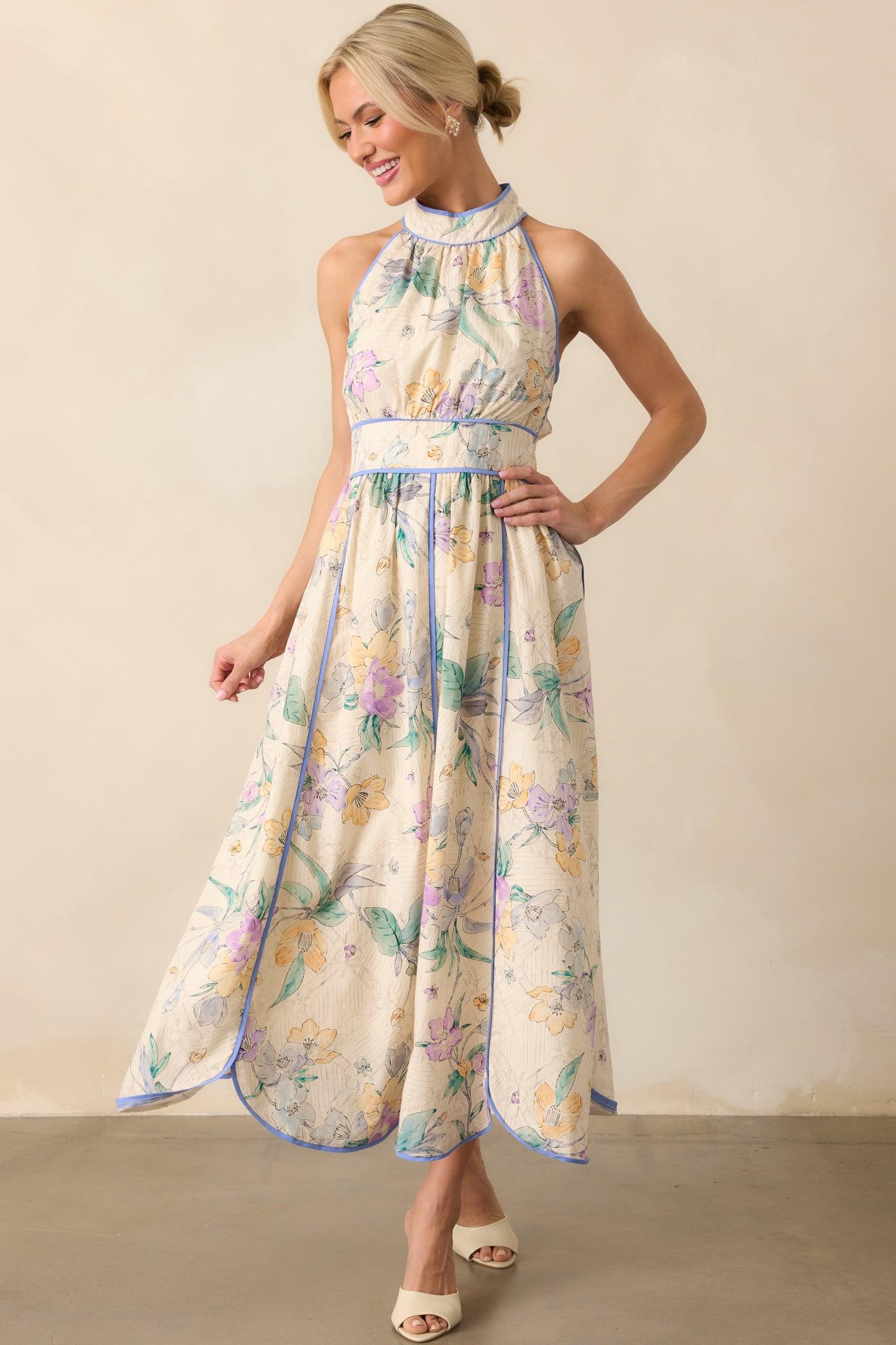 Color Outside The Lines Ivory Floral Print Cotton Halter Maxi Dress Product Image