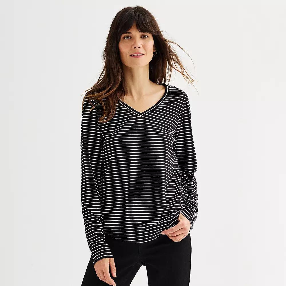 Women's Sonoma Goods For Life® Everyday Long Sleeve V-Neck Tee, Size: Small, Deep Black Stripe Product Image