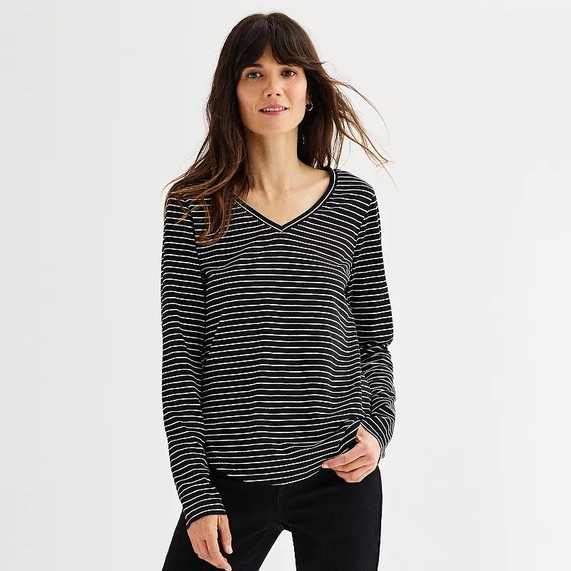 Women's Sonoma Goods For Life® Everyday Long Sleeve V-Neck Tee, Size: Small, Deep Black Stripe Product Image