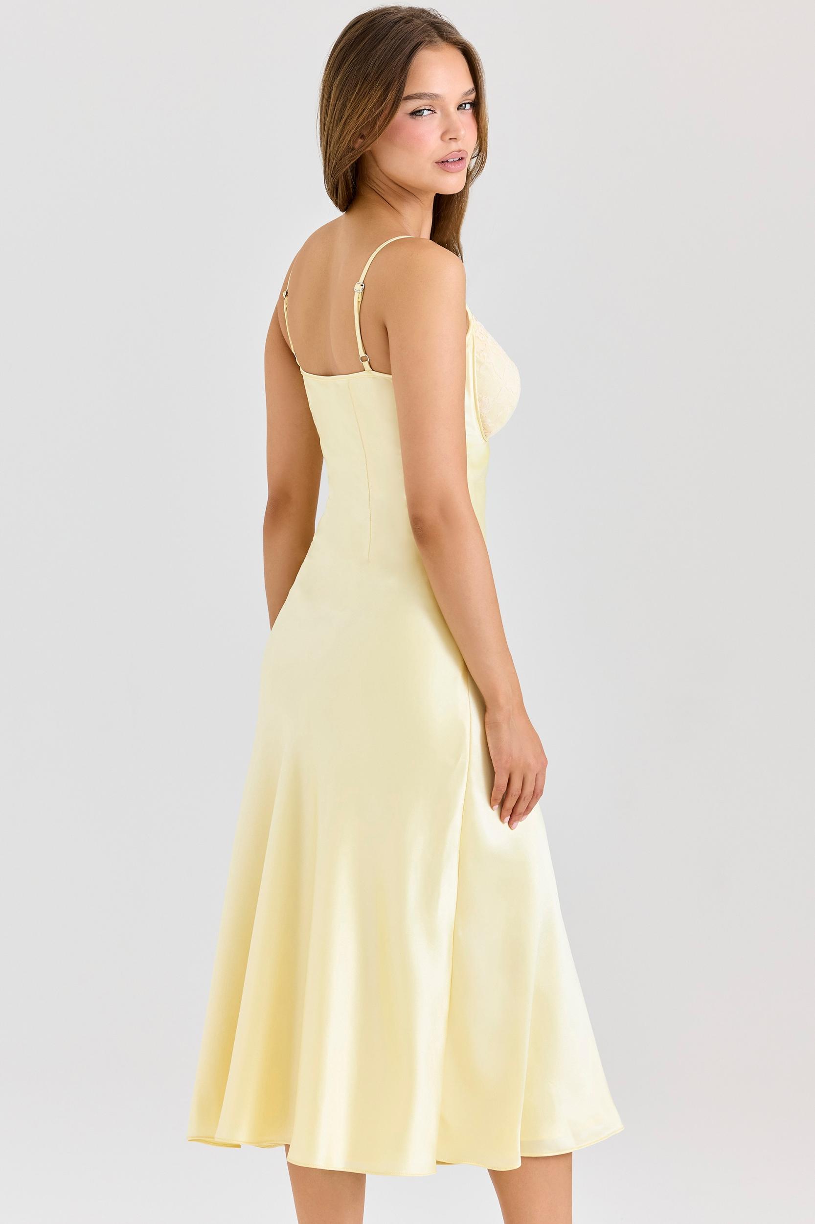 Felicity  butter yellow satin bias cut midi dress Product Image