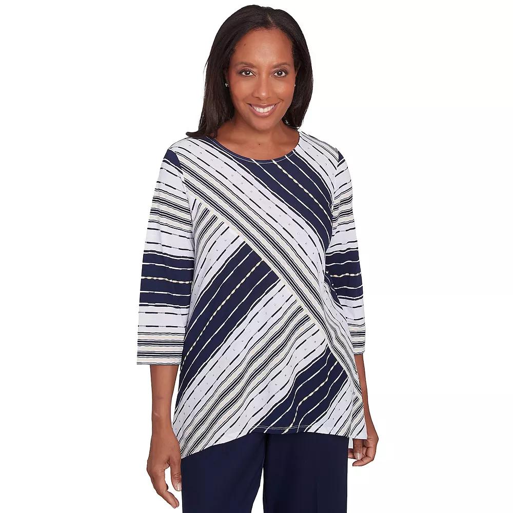 Petite Alfred Dunner Spliced Stripe Crewneck Textured Top, Women's, Size: Small Petite, Blue Team Product Image