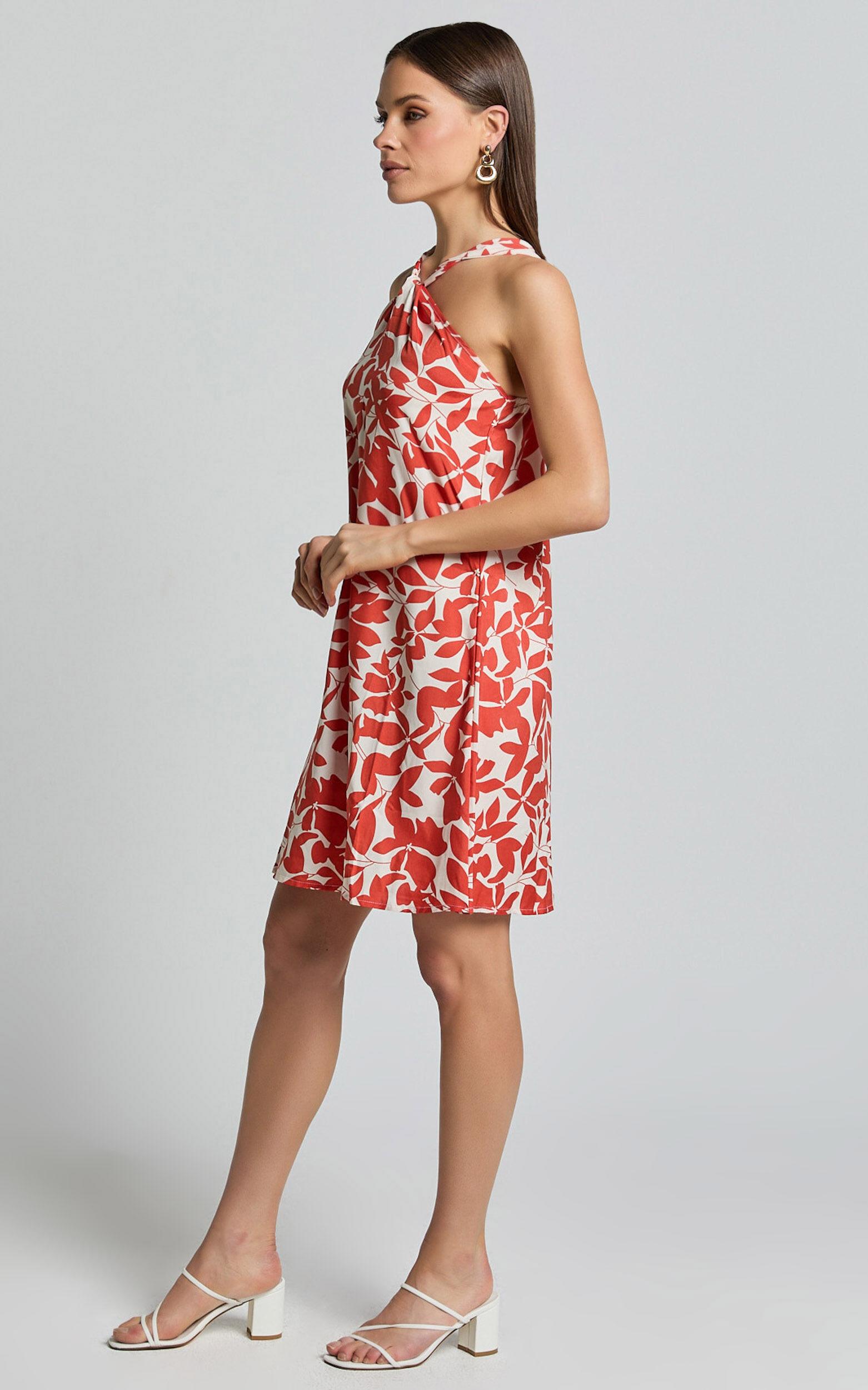 Vicki Mini Dress - Halter Neck A Line Dress in Red Leaf Print Product Image