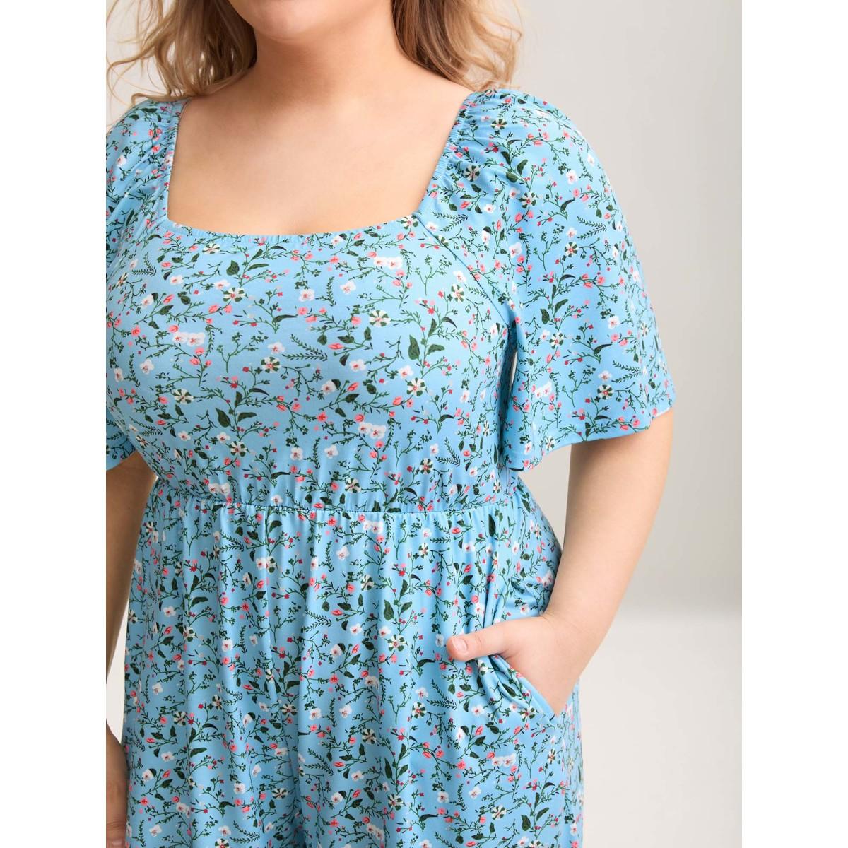 Plus Size Stone Floral Print Square Neck Knit Jumpsuit Women Elegant Short sleeve Square Neck Everyday-Elegant Loose Jumpsuits BloomChic 22-24/3X Product Image