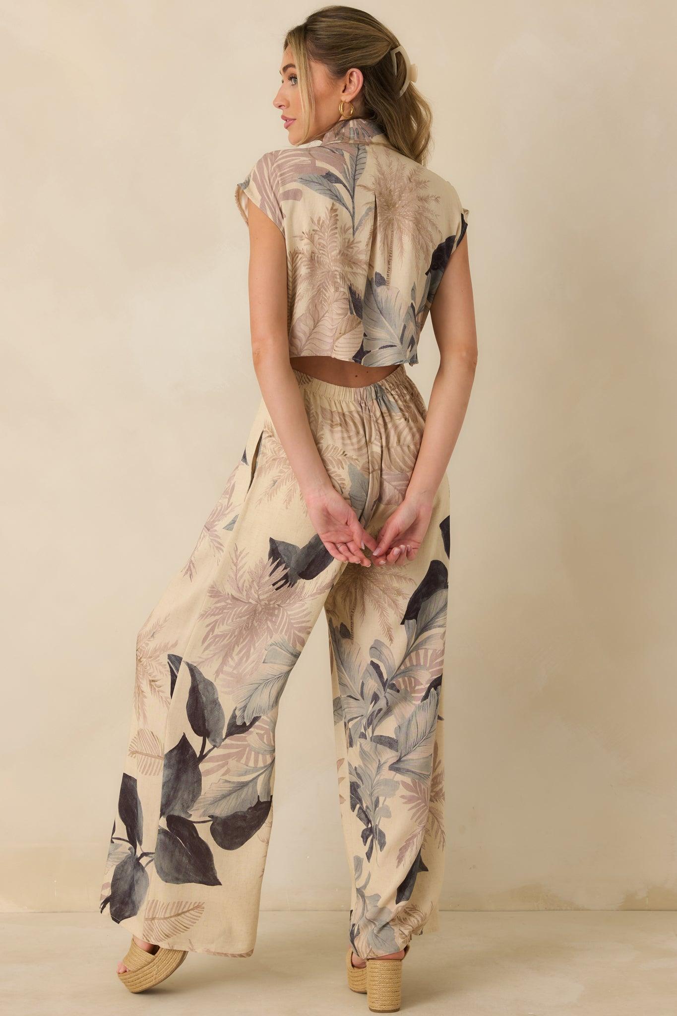 Take Me Somewhere Beige Multi Tropical Open Back Jumpsuit L / Beige Product Image