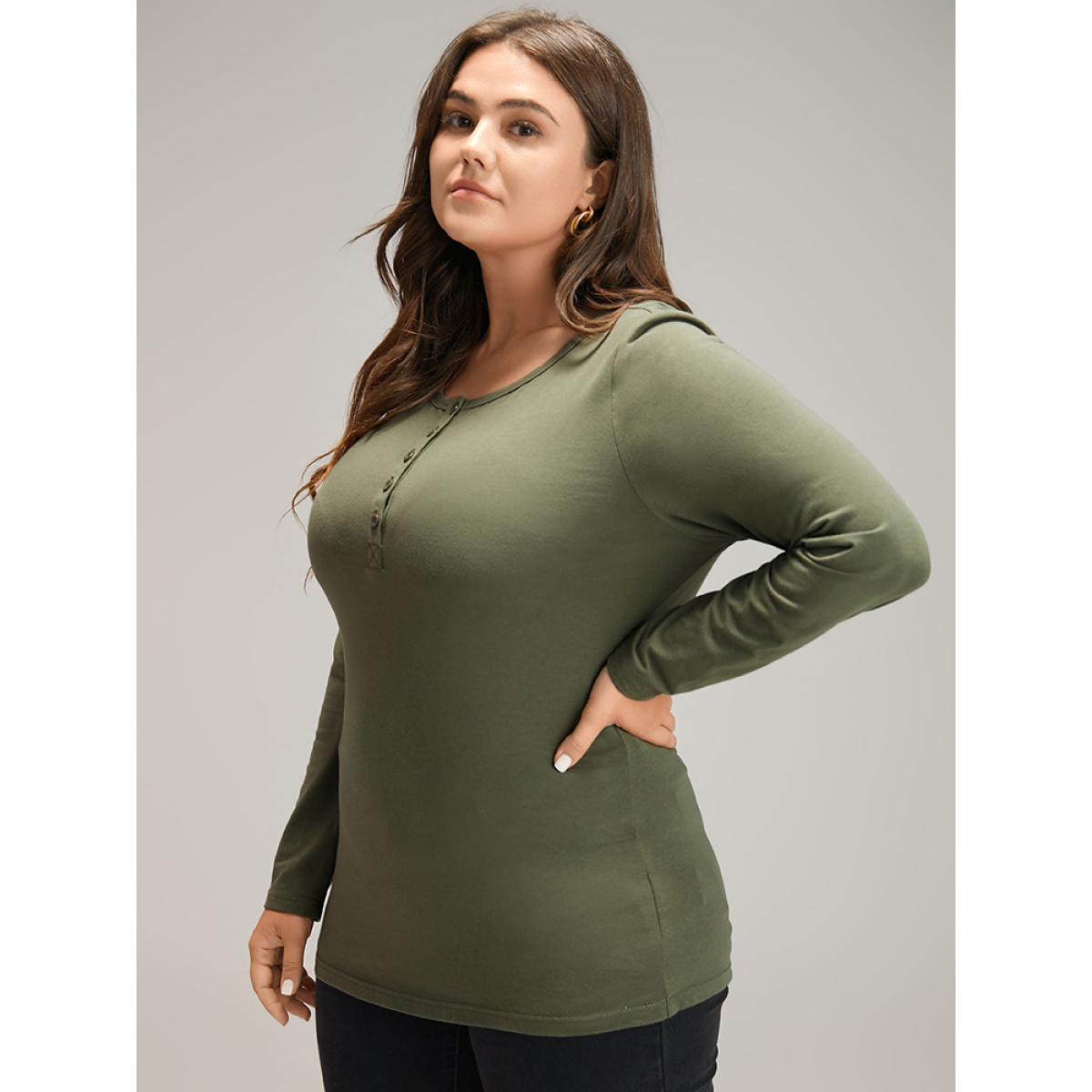 Plus Size Cotton Solid Button Down T-shirt ArmyGreen Women Elegant Plain Plain Round Neck Dailywear T-shirts BloomChic 18-20/2X Product Image