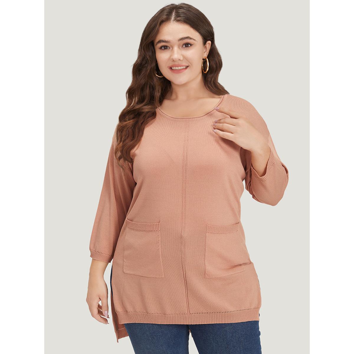 Plus Size Solid Patched Pocket Split Side High Low Hem Pullover Salmon Women Casual Loose Elbow-length sleeve Round Neck Dailywear Pullovers BloomChic 14-16/1X Product Image