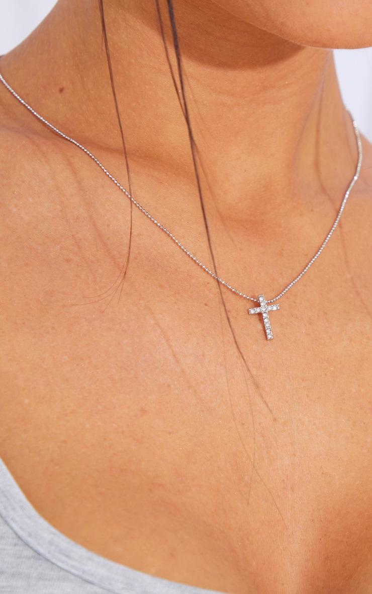 Silver Simple Dainty Diamante Cross Necklace Product Image