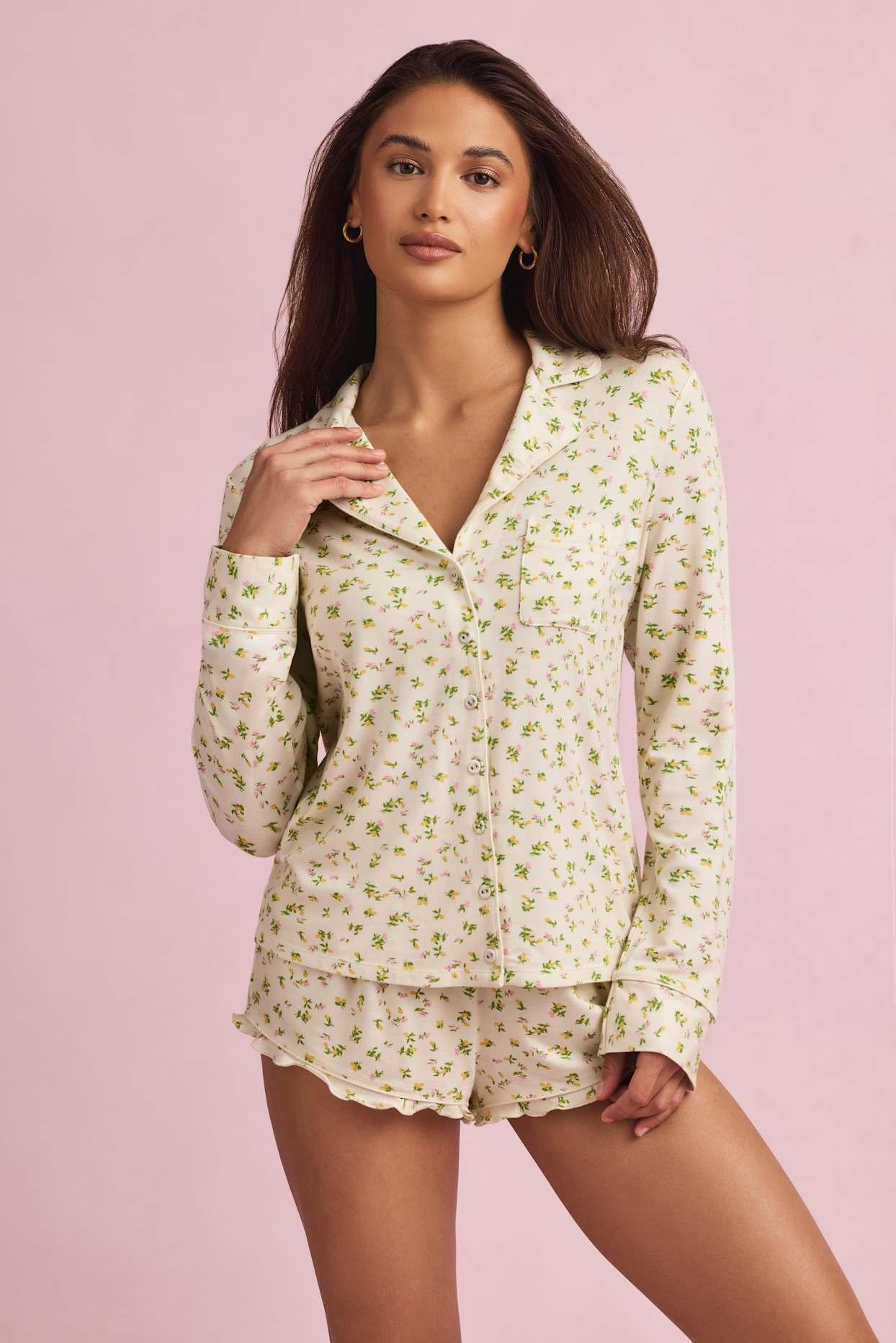 Modal Ruffle-Trim Pyjama Shorts in Lemon Print Product Image