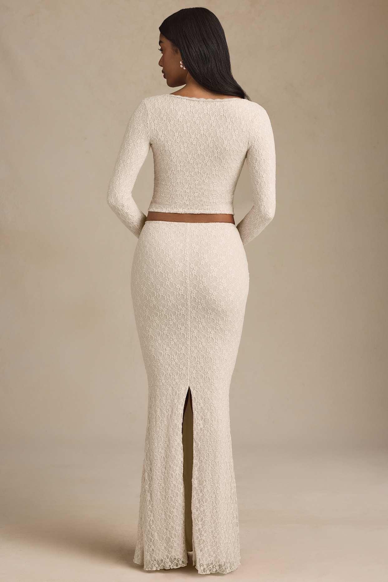 Draped Low-Rise Lace Maxi Skirt in Ivory Product Image