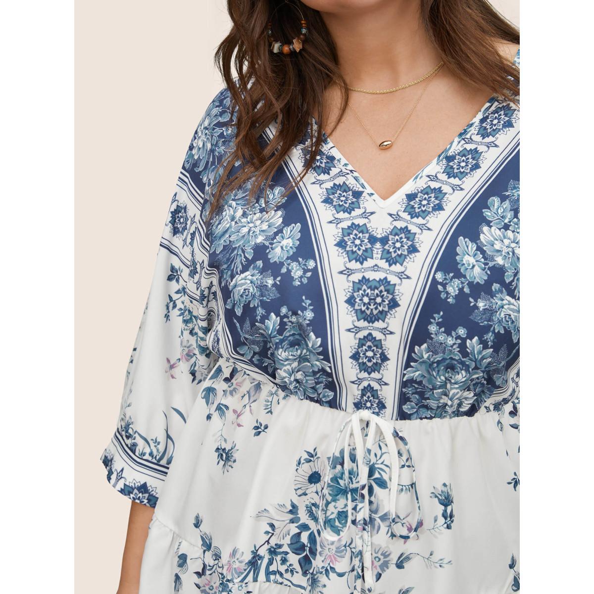 Plus Size Stone Boho Print Elastic Waist Ties Gathered Blouse Women Resort Elbow-length sleeve V-neck Vacation Blouses BloomChic 30/6X Product Image