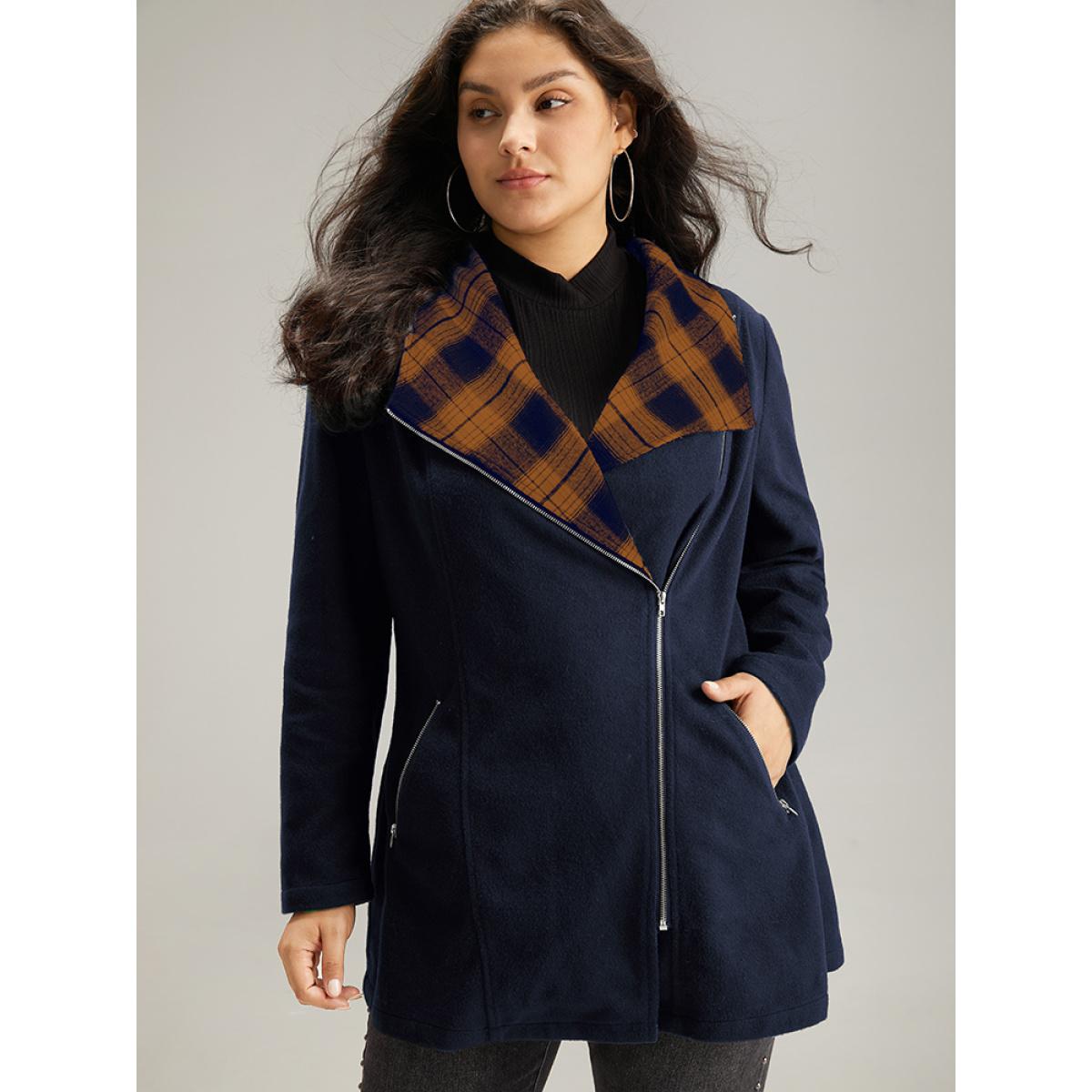 Plus Size Plaid Patchwork Lapel Collar Zipper Coat Women Navy Elegant Contrast Ladies Everyday Winter Coats BloomChic 10/M Product Image