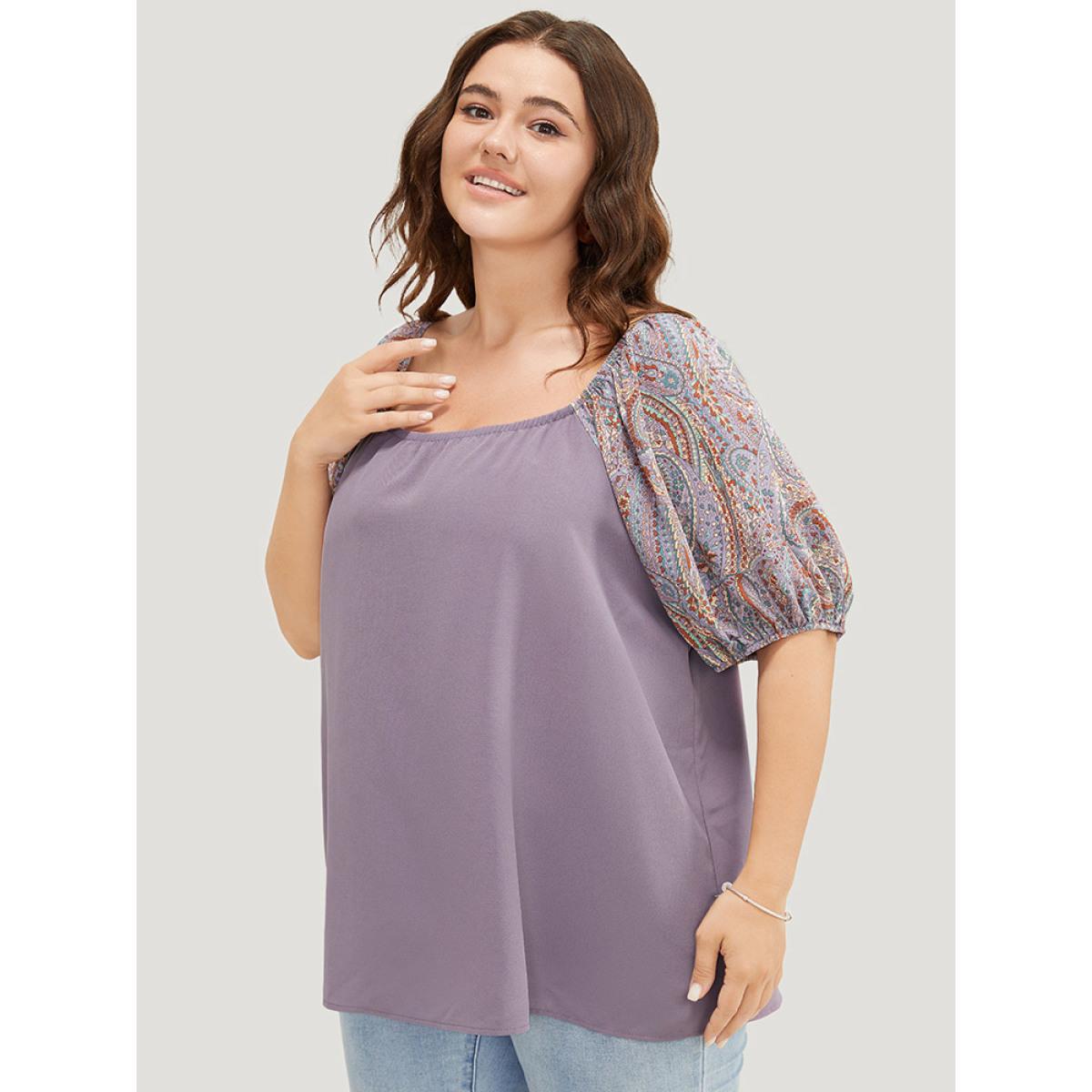 Plus Size Mauve Paisley Print Puff Sleeve Blouse Women Elegant Short sleeve Round Neck Dailywear Blouses BloomChic 30/6X Product Image
