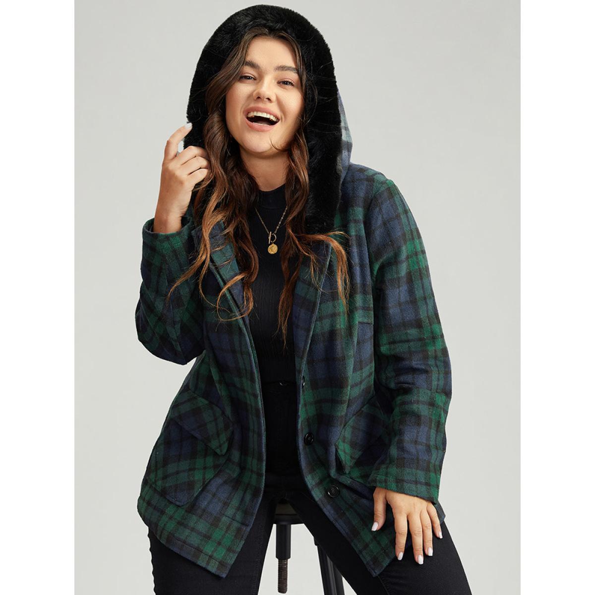 Plus Size Plaid Button Fly Hooded Fuzzy Trim Coat Women Emerald Casual Contrast Ladies Dailywear Winter Coats BloomChic 12/L Product Image