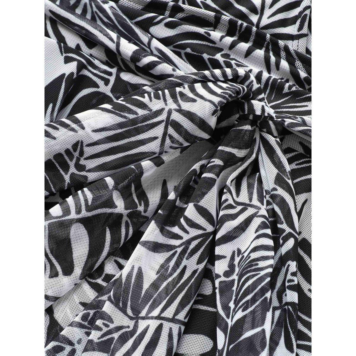 Plus Size Tropical Print Tie Knot Wrap Gathered Swim Dress Women's Swimwear Black Beach Bodycon V-neck High stretch Curve Swim Dresses BloomChic 14-16/1X Product Image