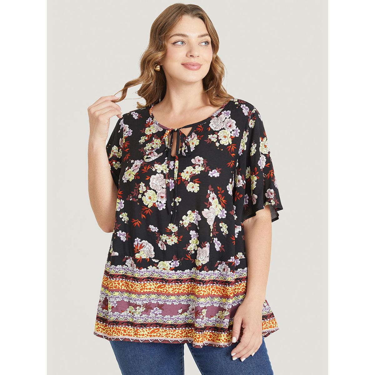 Plus Size BlackFlower Bandana Flutter Sleeve Tie Neck Cut Out Blouse Women Vacation Short sleeve V-neck Dailywear Blouses BloomChic 10/M Product Image