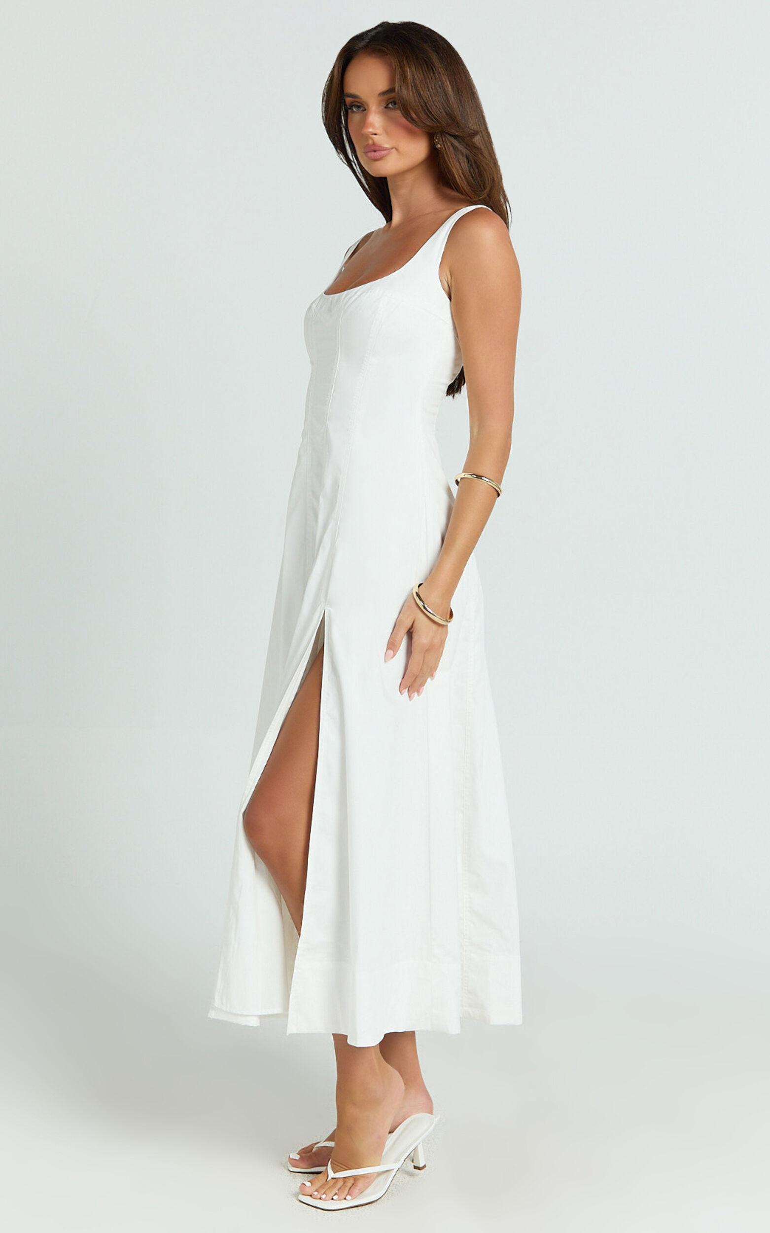 Kristi Midi Dress - Scoop Neck Fit And Flare Dress in Off White Product Image