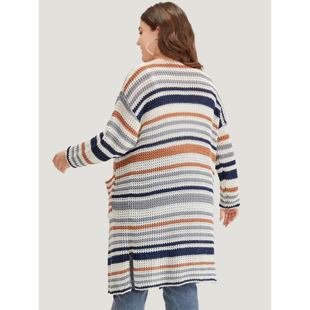 Plus Size Contrast Striped Patched Pocket Split Side Cardigan Multicolor Women Casual Loose Long Sleeve Dailywear Cardigans BloomChic 12/L Product Image