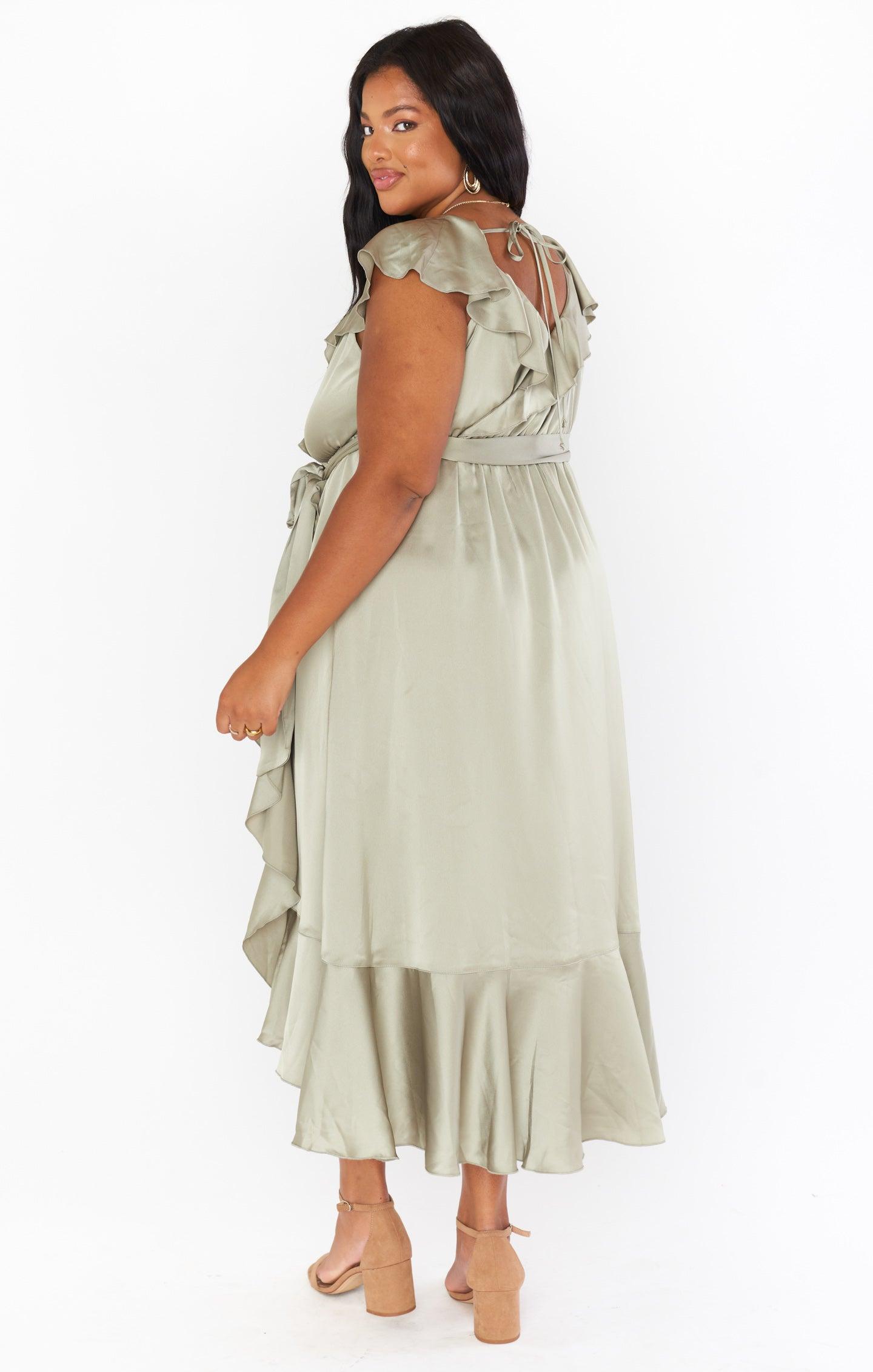 Samantha Ruffle Wrap Dress ~ Moss Green Luxe Satin Product Image