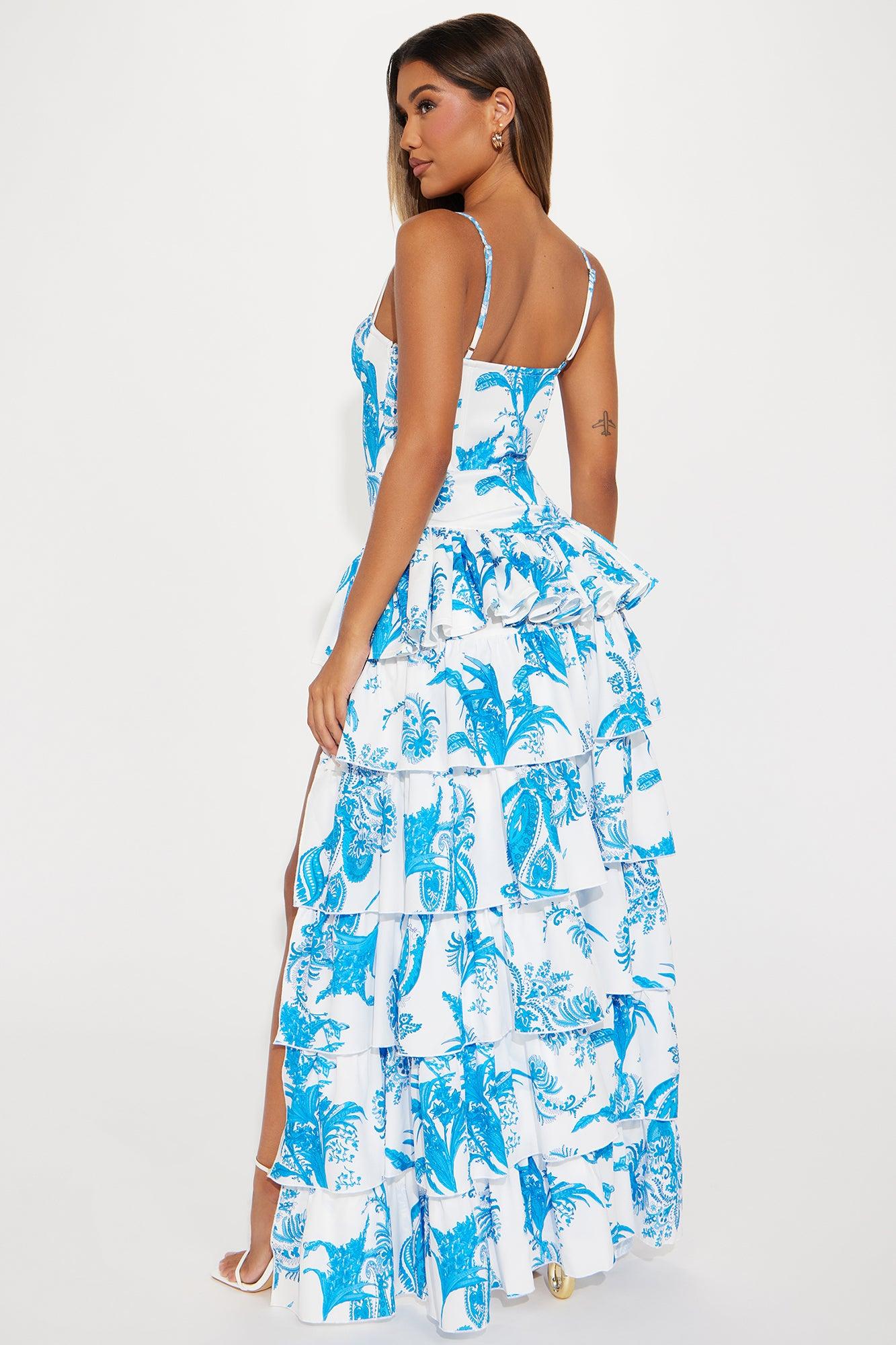 Royalty Satin Maxi Dress - White/Blue Product Image