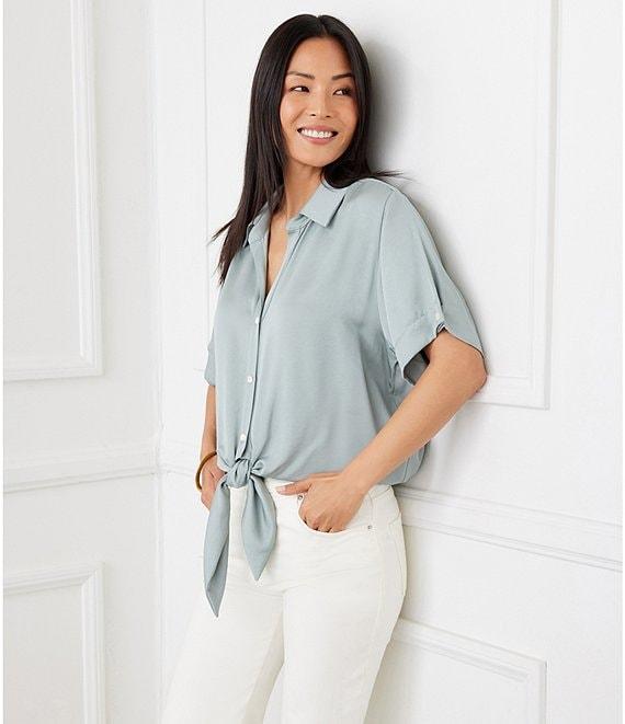 Karen Kane Soft Satin Point Collar Short Sleeve Tie Front Top Product Image