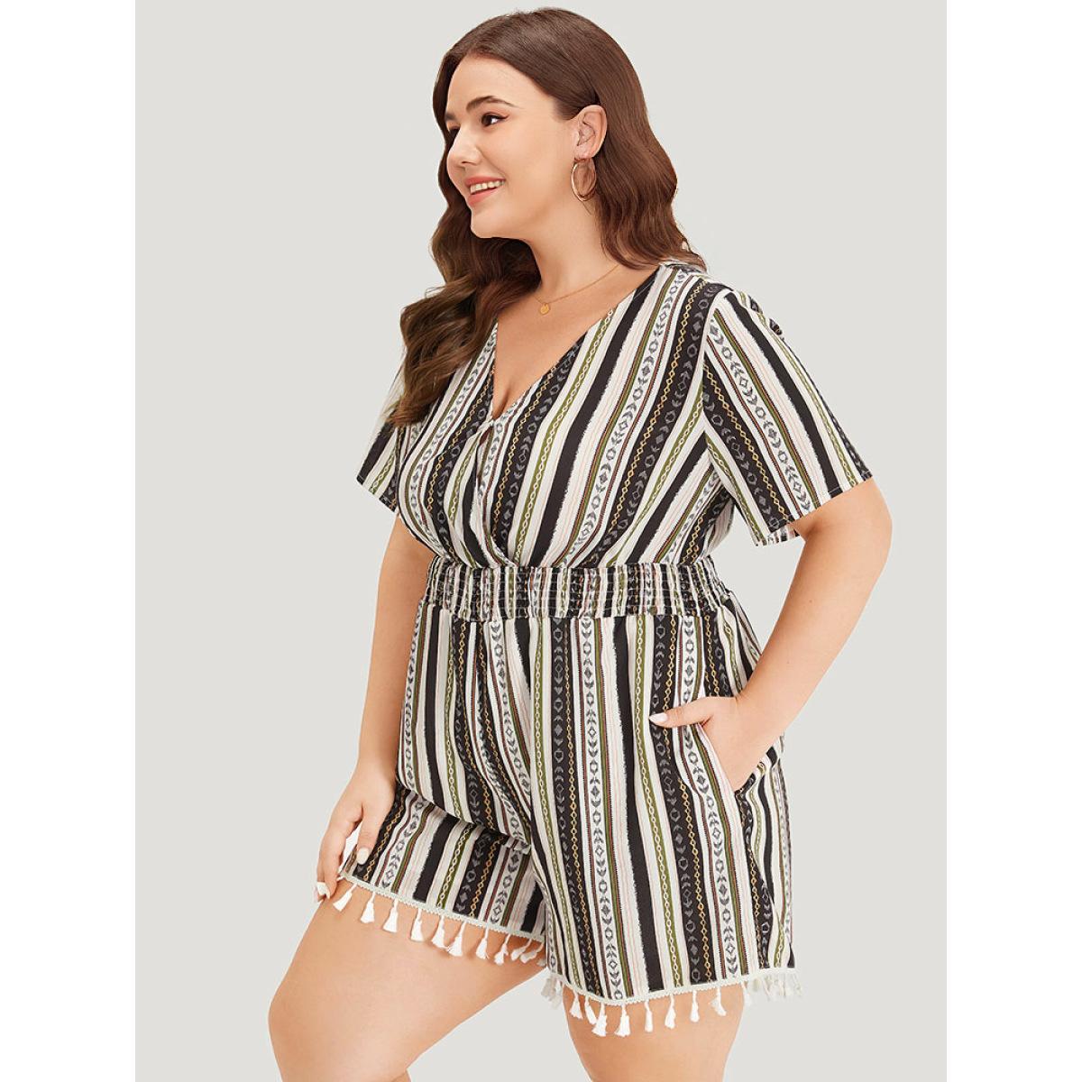 Plus Size Multicolor Boho Print Shirred Cut Out Tassel Trim Romper Women Elegant Short sleeve V-neck Dailywear Loose Jumpsuits BloomChic 30/6X Product Image