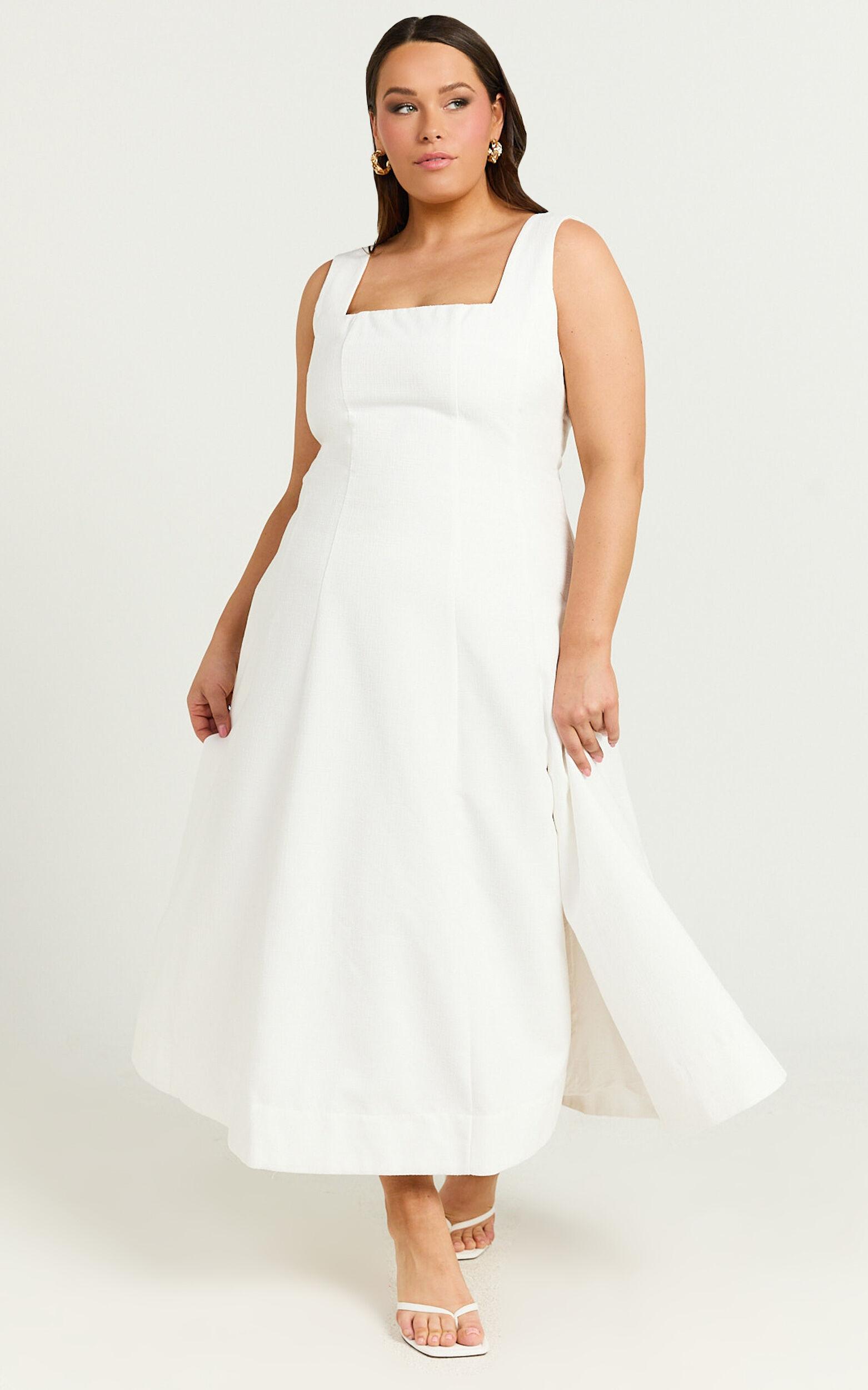 Walters Midi Dress - Square Neck Shirred Back Fit and Flare Panel Dress in White Product Image