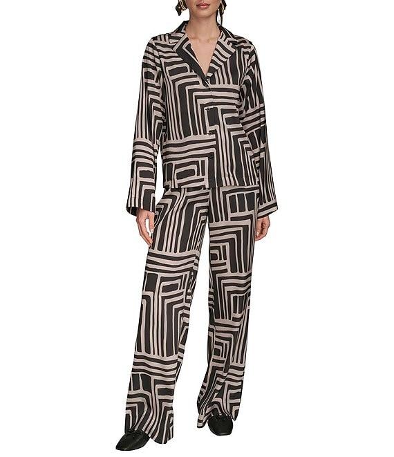 Donna Karan Coordinating Printed Satin Back Crape Notch Collar Long Sleeve Button Front Shirt Product Image