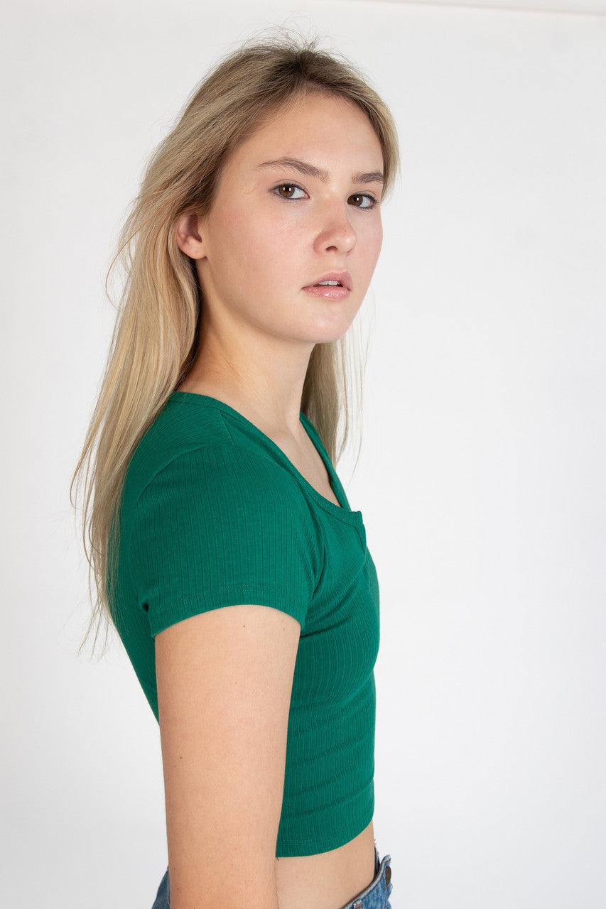 Green Notched Ribbed Crop Tee Product Image