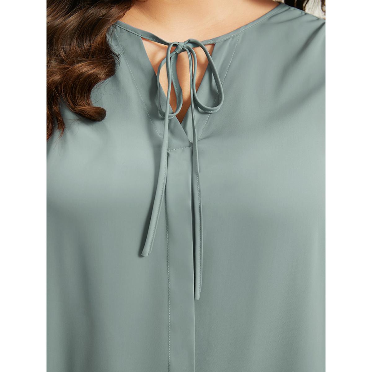 Plus Size SlateGray Solid Tie Neck Gathered Blouse Women Office Long Sleeve Tie Neck Office Blouses BloomChic 22-24/3X Product Image