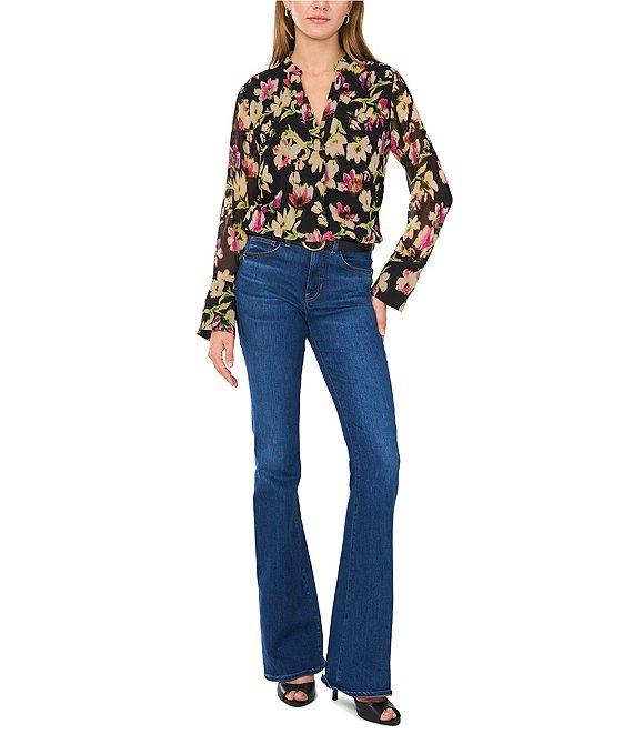 Vince Camuto Charmeuse Floral Print Split V-Neck Long Sleeve Blouse Product Image