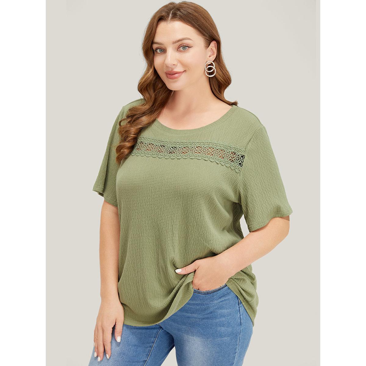 Plus Size Plain Textured Contrast Lace Crew Neck T-shirt Sage Women Elegant Plain Round Neck Dailywear T-shirts BloomChic 30/6X Product Image
