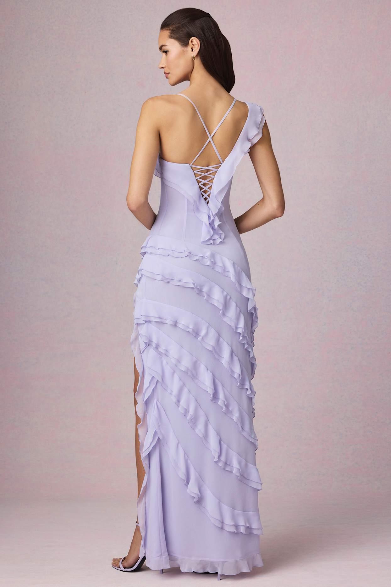 Asymmetric Ruffled Lace-Up Gown in Lilac Product Image