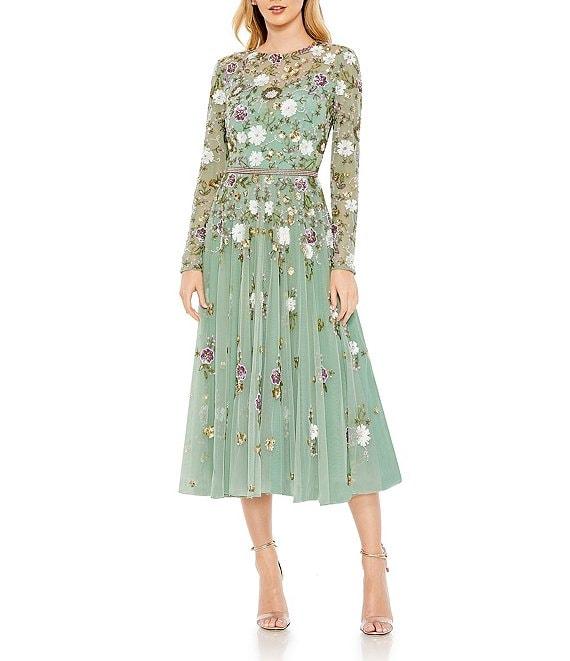 Mac Duggal Sequin Floral Crew Neck Long Sleeve Midi Dress Product Image